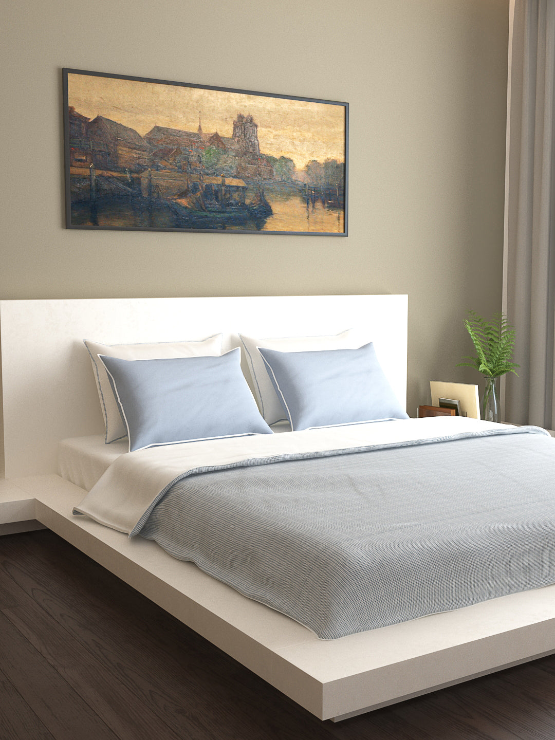 Mark Home 100% Organic Cotton Fabric 200 TC Twine Bedding Set 6 Pcs White / Blue Checks