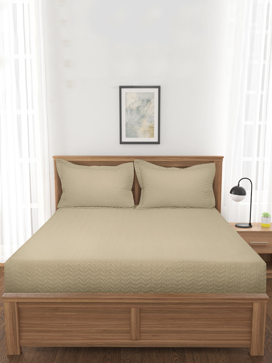MARK HOME Quilted Bed Cover Khaki made from 100% Organic Cotton Sateen Fabric 400 TC with 150 GSM Wading between the fabric