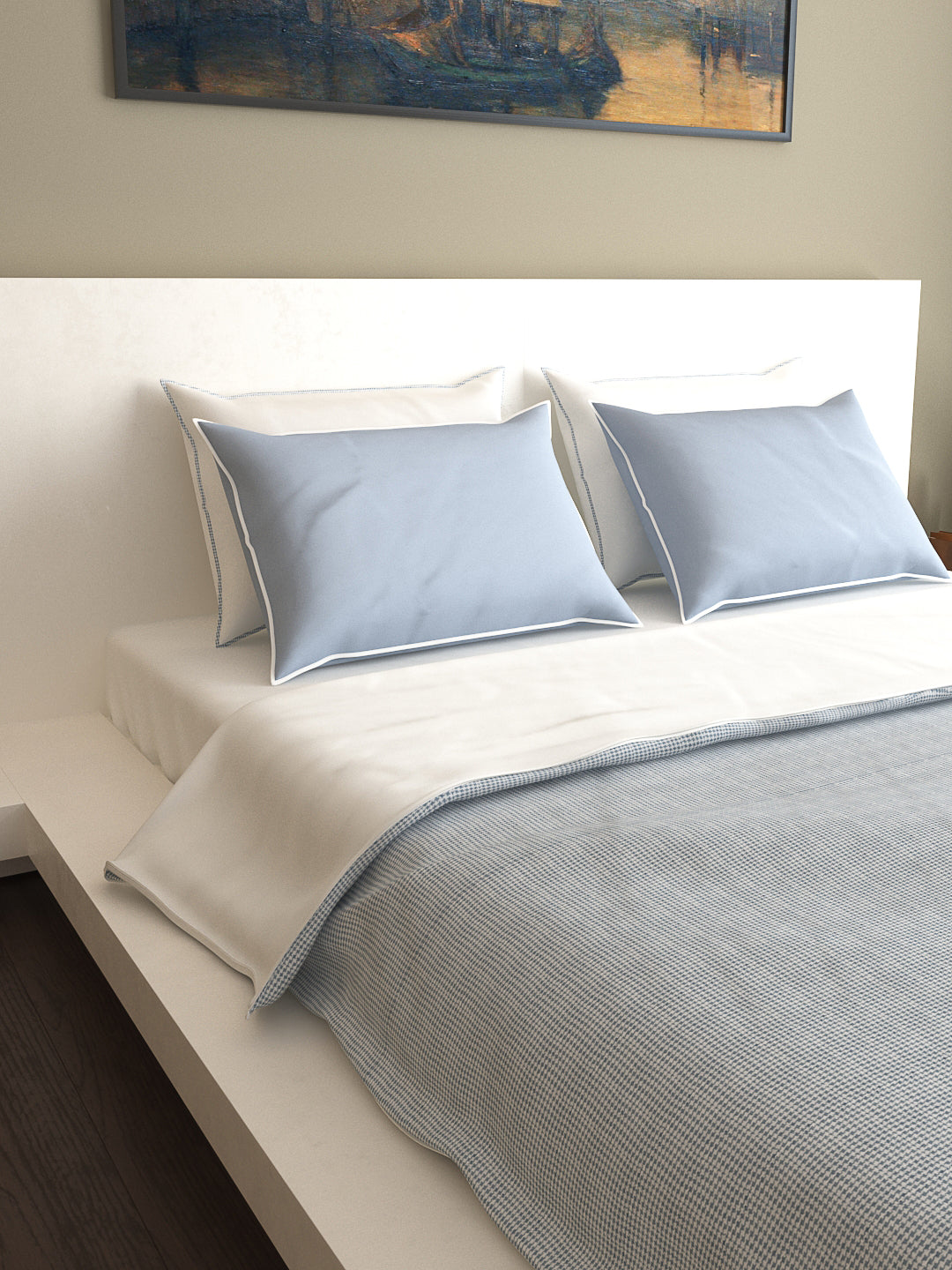 Mark Home 100% Organic Cotton Fabric 200 TC Twine Bedding Set 6 Pcs White / Blue Checks